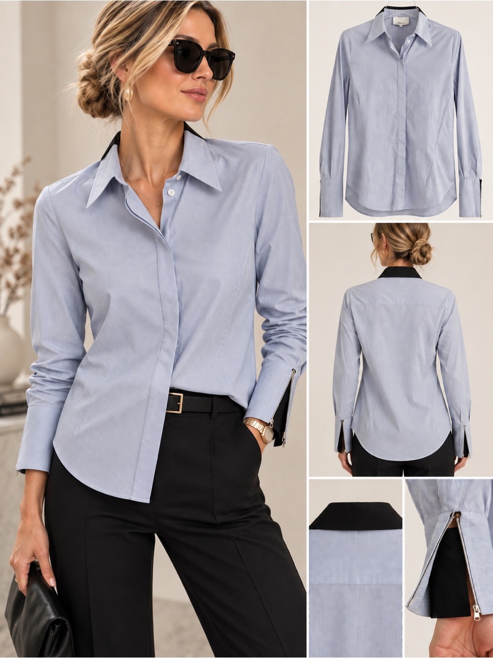 3.1 Phillip Lim Blue White Pinstripe Button Down Zip Cuff Blouse 4